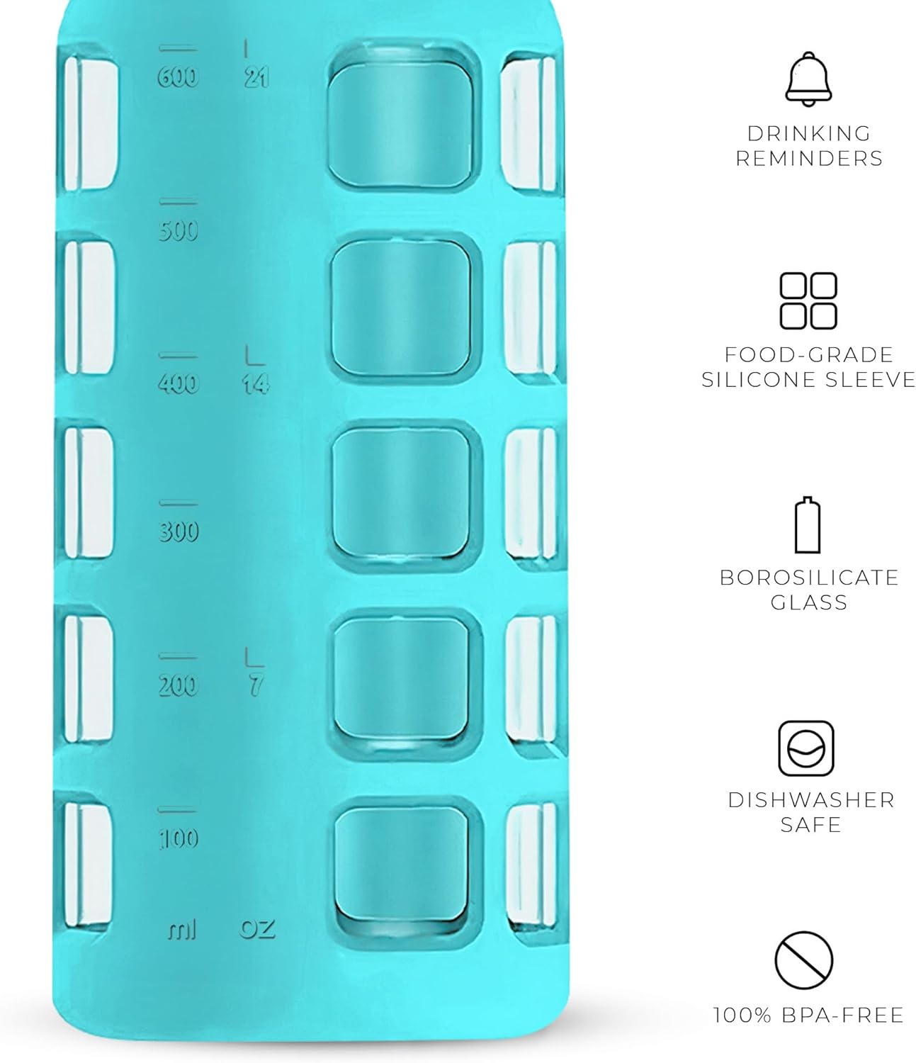 purifyou 40oz / 32oz / 22oz / 12oz Borosilicate Glass Water Bottle with Time & Volume Markers, Silicone Sleeve, Stainless Steel Lid – Reusable Glass Bottle for Water & Juice (22oz Aqua Blue)
