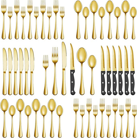 72 Pcs Gold Silverware Set with Steak Knives, Stainless Steel Flatware Cutlery Set Service for 12, Kitchen Tableware Set, Utensil Set for Home and Restaurant, Knives Forks Spoon Set, Dishwasher Safe