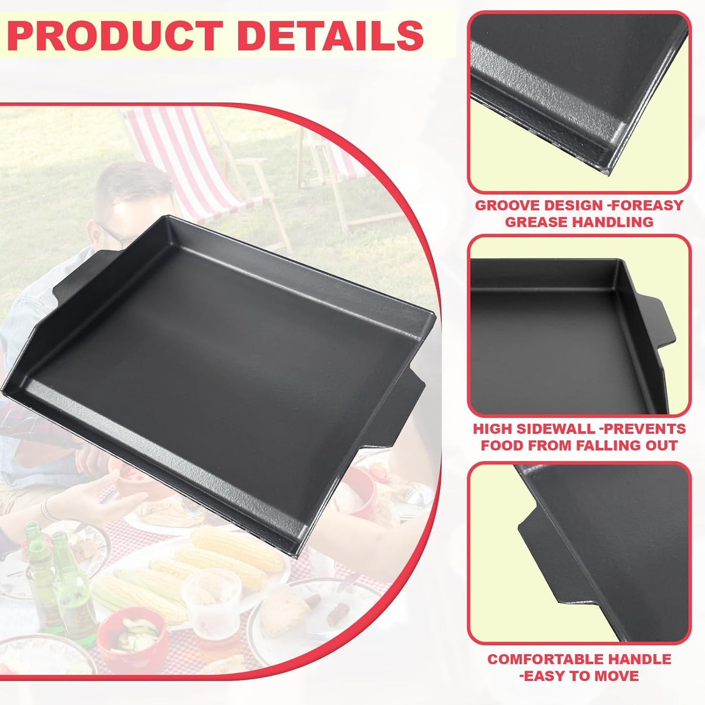 DcYourHome Universal Flat Top Griddle for Gas Grill, Gas Stove,Grill Flat Insert for Outdoor Grills, Stove-Top Griddles for 4 Burner Range Oven, 18.6" × 14" Large Nonstick Cast Iron Cooking Griddle