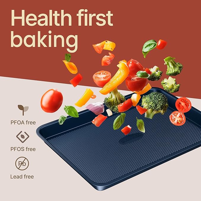Diamond Bottom Cookie Sheet Set of 2, Nonstick Blue Carbon Steel Baking Pans for Crisp Baking, Space-Saving Stackable Trays, PFOA, PFOS, PTFE Free, Oven Safe Up to 450°F, Small & Medium Pans