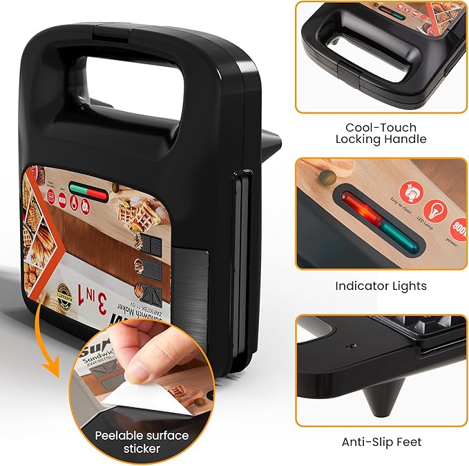 Sunvivi 3 in 1 Electric Sandwich Maker: Panini Press Grill and Waffle Iron Set, Grill and Sandwich Press with Removable Nonstick Plates, Indicator Lights & Cool Touch Handle, 800W, Black