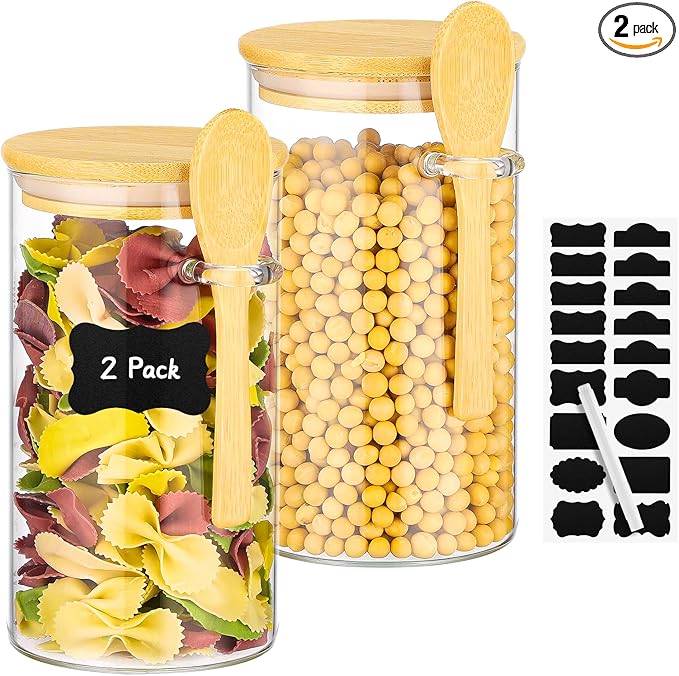 Glass Storage Jars with Airtight Lids - 2 Pack 23 Fl.oz Round Glass Jars with Bamboo Lids and Spoon, Includes Labels and Marker, Pantry Canisters for Sugar, Pasta, Cereal, Tea Container