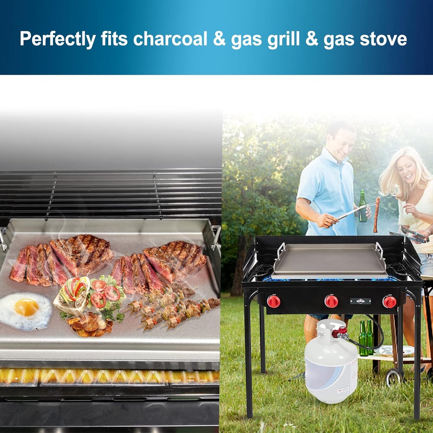 Griddle for Gas Grill Metal Cooking Griddle Pan for Outdoor Gas Grill, 17" x13" Flat Top Plate Skillet Pan Teppanyaki Insert for Weber Charbroil Camp Chef and Charcoal/Electric
