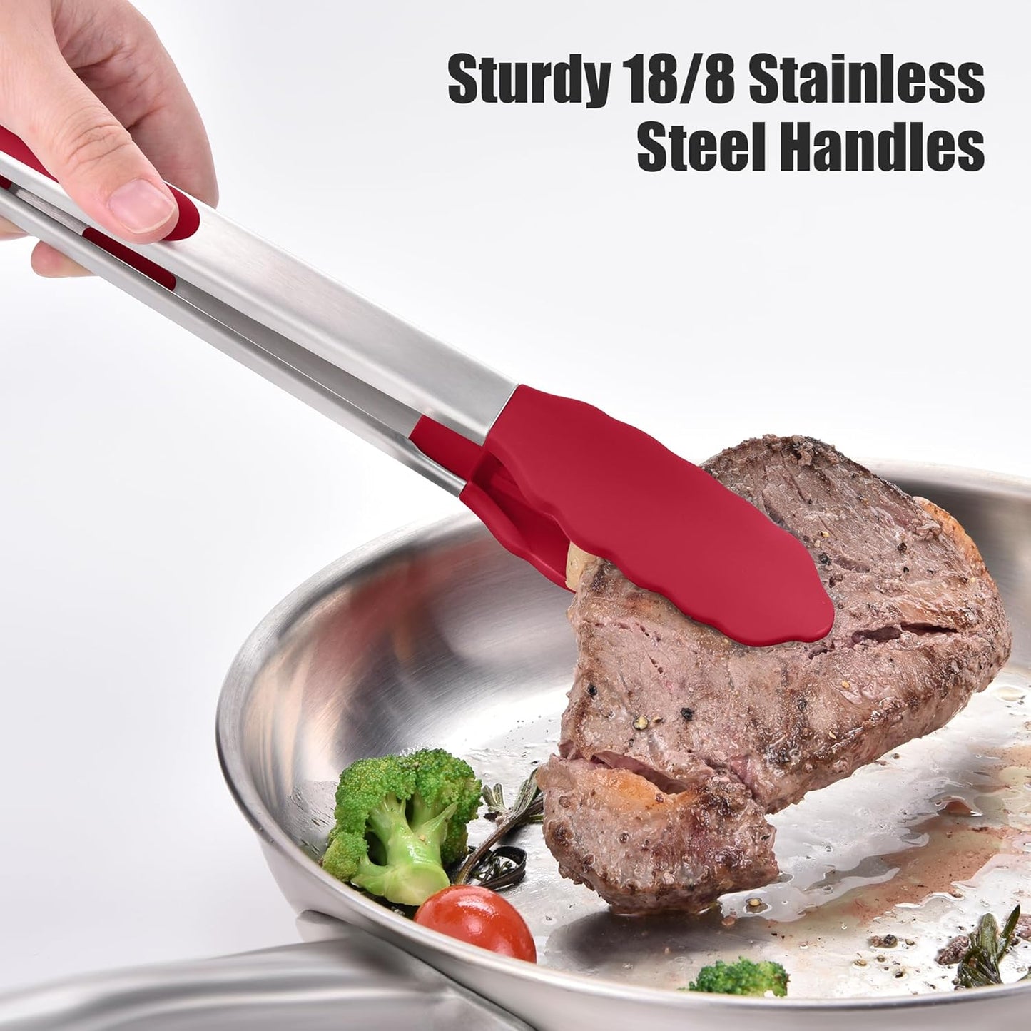 Doosu Kitchen Tongs for Cooking - 600°F Heat Resistant Food Tong Set with Non-Scratch Silicone Tips, Heavy Duty Stainless Steel Locking Tong for BBQ, Grilling Steak, Serving Salad (9+12in, Red)