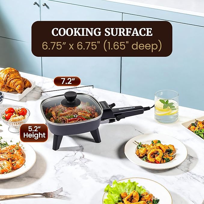 Elite Gourmet EFS059 Personal Electric Skillet, 7” Compact Portable Cooker, Adjustable Temperature, 600W Rapid Heating, Nonstick Surface, Tempered Glass Lid, Removable Handle, Black