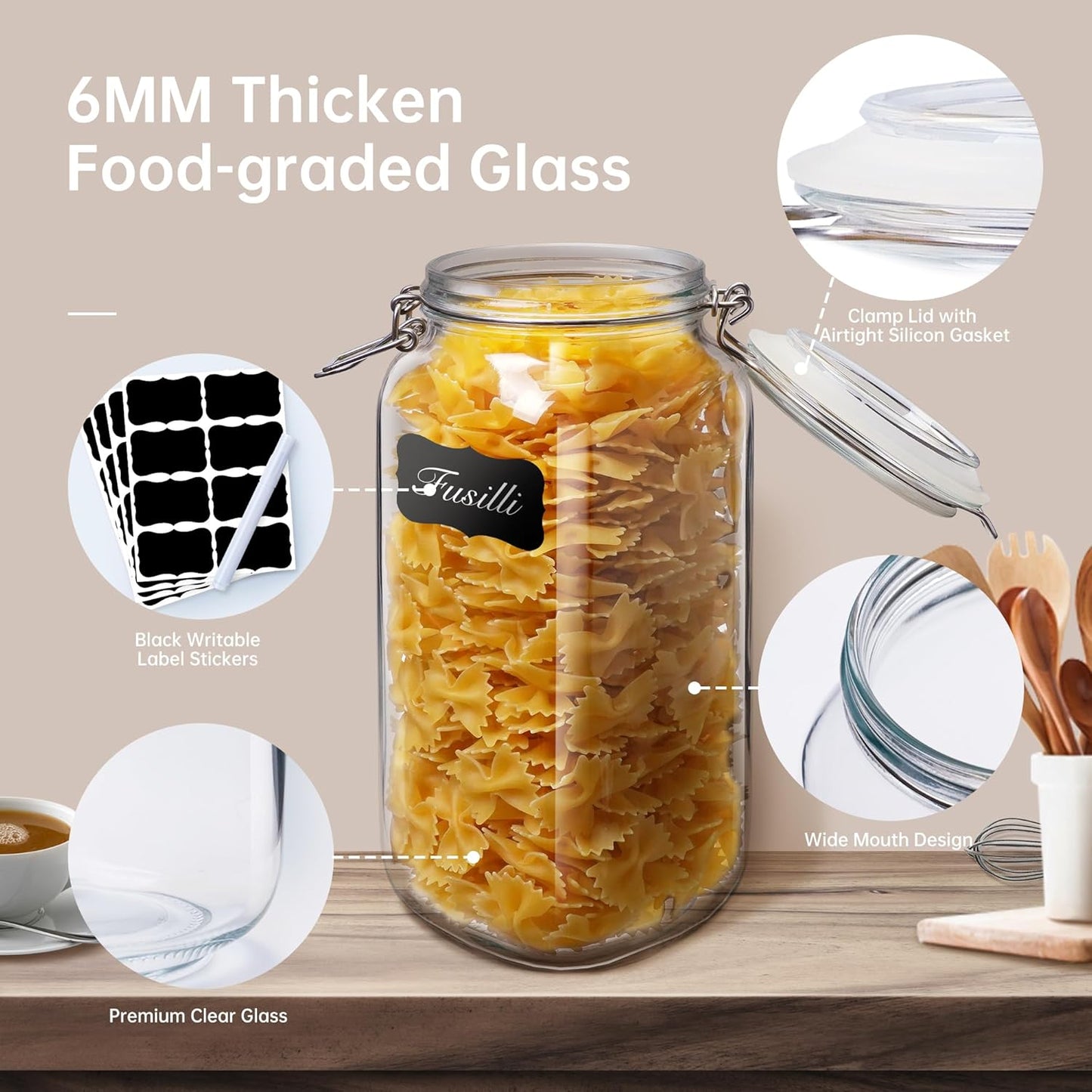 78oz - 3 Pack Square Glass Jars with Airtight Lid, Wide Mouth Mason Jars with Clamp Lids, Air Tight Glass Canisters, Best Food Storage Containers for Flour, Sugar, Cereal, Pasta, Rice, Coffee, Spice