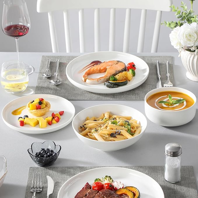 MALACASA Plates and Bowls Sets, 24 Pieces Modern Porcelain Dinnerware Set for 6 Ceramic Dishware Dishes White Kitchen Dinner Dining Ware Set Microwave and Dishwasher Safe, Series LUNA