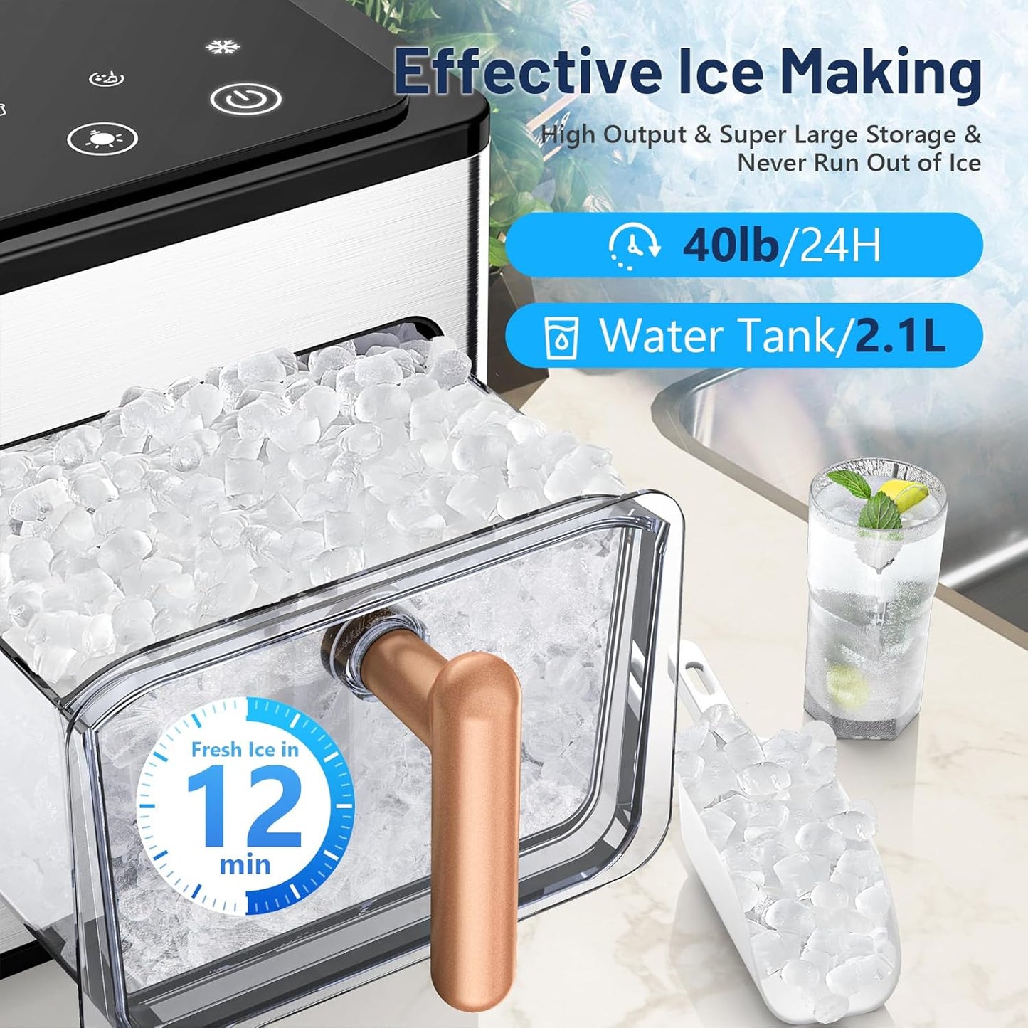 Nugget Ice Maker Countertop, 40lbs/24H, Pebble Ice Maker with Soft Chewable Ice, Self Cleaning Sonic Ice Machine, Stainless Steel w/Touch Screen for Home Office Bar Party- Silver