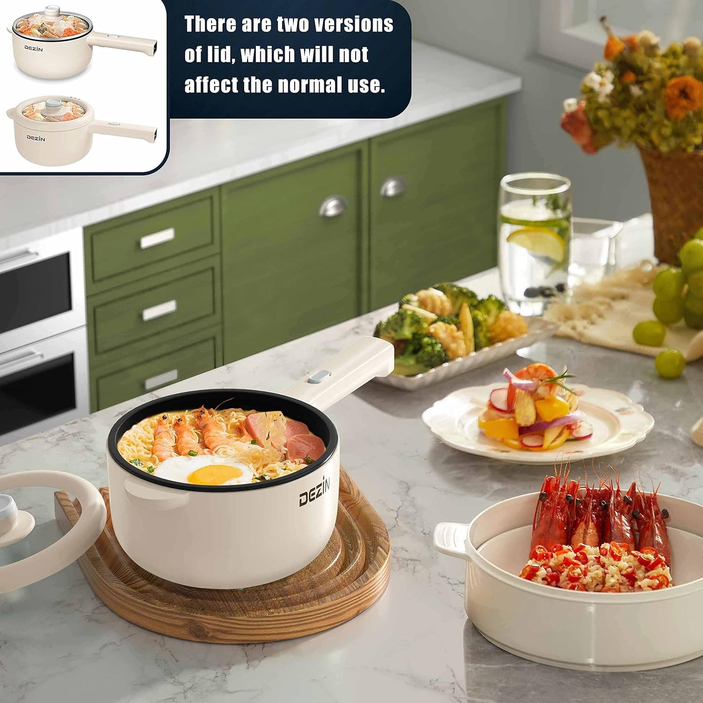 Dezin Electric Cooker, 2L Non-Stick Sauté Pan, Rapid Noodles Cooker, Mini Pot for Steak, Egg, Fried Rice, Ramen, Oatmeal, Soup with Power Adjustment, College Dorm Room Essential