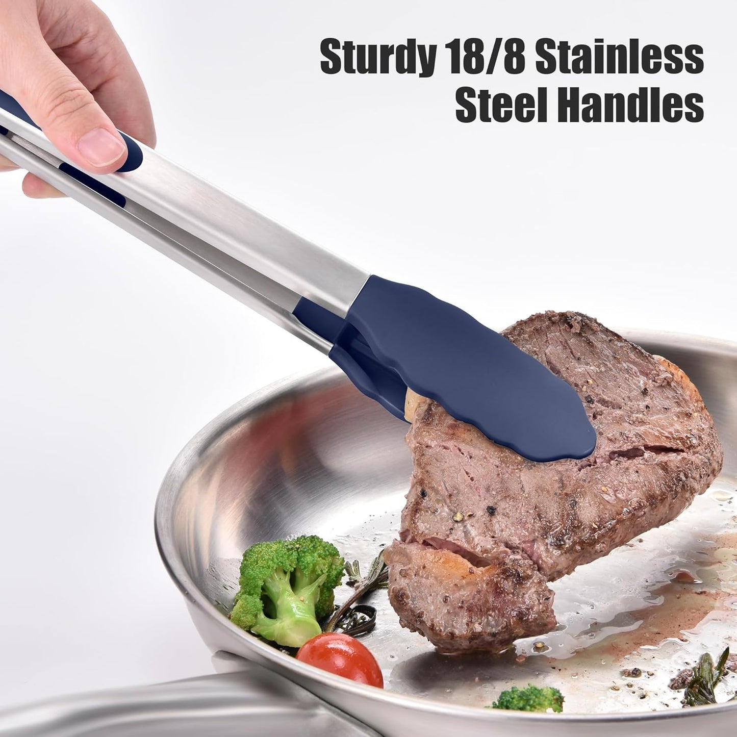 Doosu Kitchen Tongs Set for Cooking: 600°F Heat-Resistant Silicone Food Tong, Stainless Steel Locking Tongs for BBQ (9+12in, Blue)