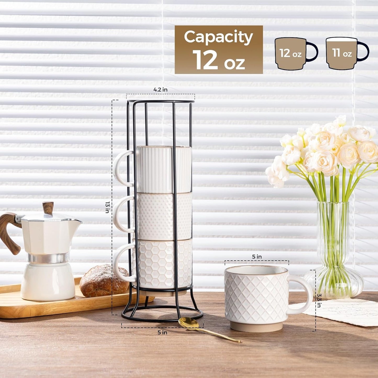 GBHOME 12OZ Stackable Coffee Mugs with Stand, Ceramic Coffee Mugs with Texture Patterns for Man,Woman,Dad,Mom, Modern Coffee Cups Set of 4 for Latte/Cappuccino/Cocoa. Dishwasher&Microwave Safe