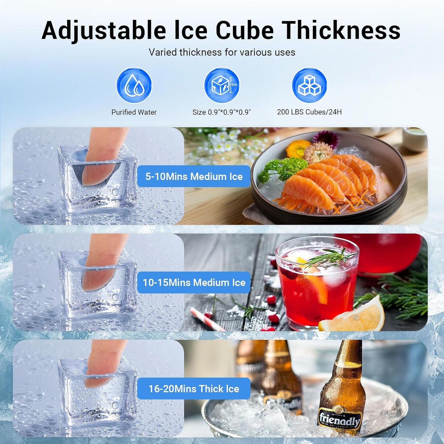 Commercial Ice Maker Machine 200LBS/24H, Under Counter Ice Machine with 50 LBS Storage Bin, 55 Ice Cubes in 8-12 Mins, Self Cleaning Free Standing Ice Maker for Home/Bar/Restaurant (200LBS / 24H)