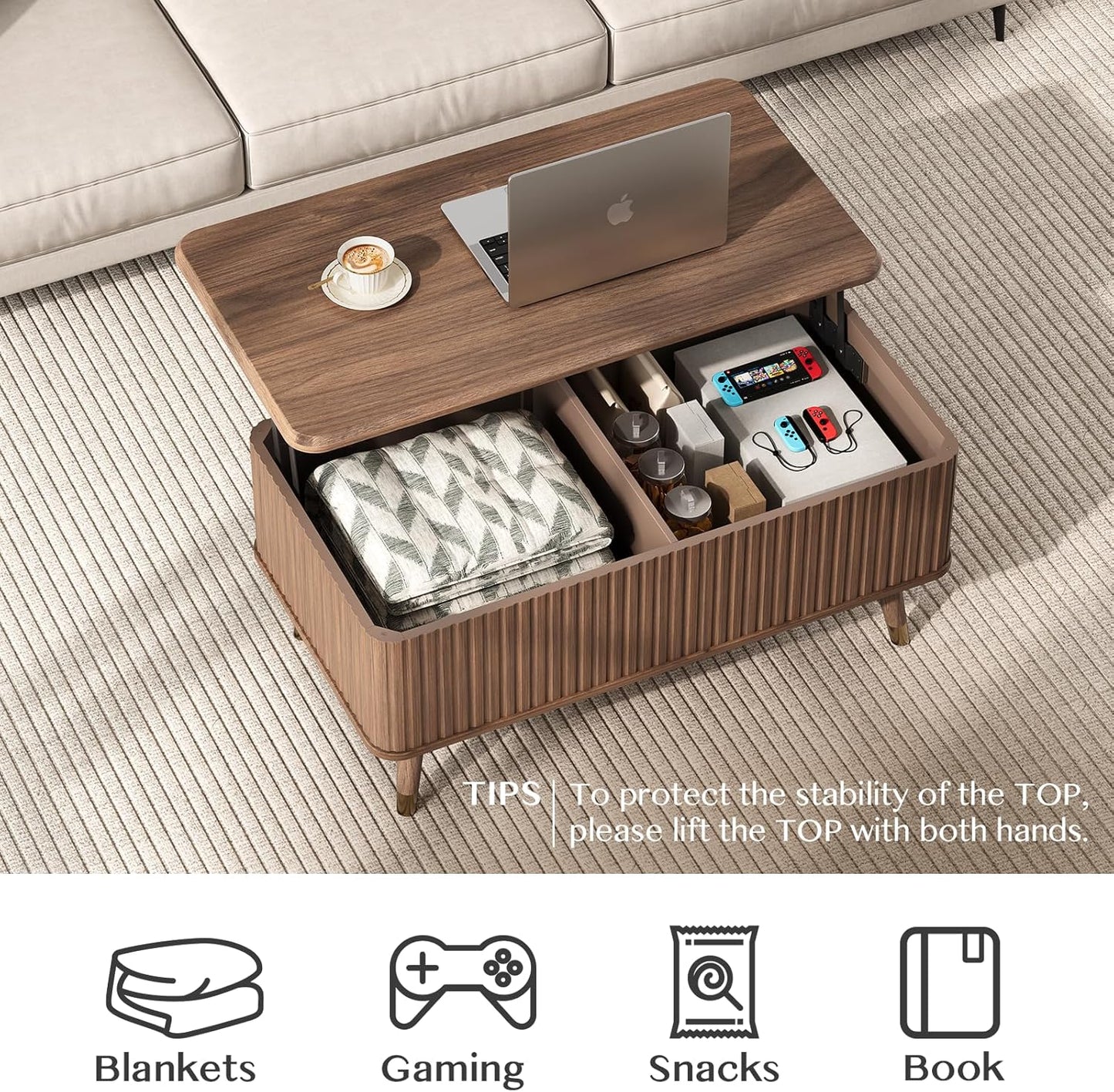 Lift Top Coffee Table, Mid Century Modern Coffee Table with Hidden Storage Compartment, 38" Fluted Center Table for Living Room, Home Office, Walnut