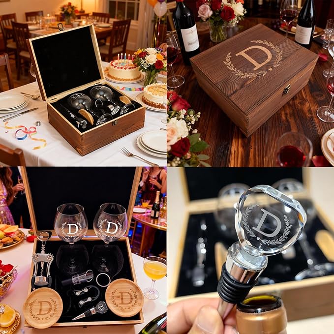 GZLDGIFTS Personalized Initial Wine Glasses Box Gift Set For Women Mom Engraved Birthday Monogrammed Wooden Christmas Gifts Wedding Anniversary Wine Couples Stopper Opener Initial Letterr (J Set)