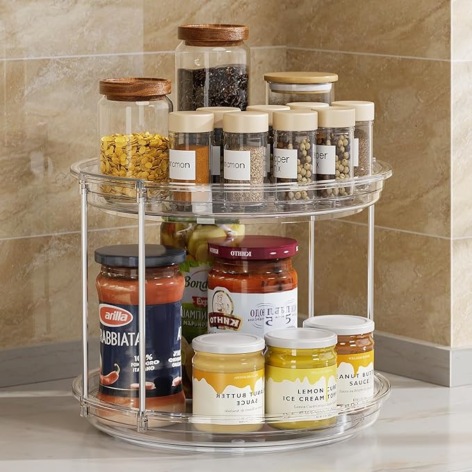 LAMU 2 Pack 2 Tier Lazy Susan Turntable Organizer 9.25'' Rotating Spice Rack Organization for Cabinet, Kitchen, Pantry, Countertop, Bathroom, Vanity, Medicine Cabinet Organizer, Clear