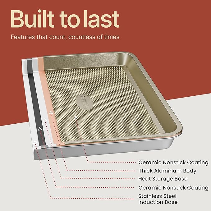 Diamond Bottom Cookie Sheet Set of 2, Nonstick Gold Carbon Steel Baking Pans for Crisp Baking, Space-Saving Stackable Trays, PFOA, PFOS, PTFE Free, Oven Safe Up to 450°F, Small & Medium Pans