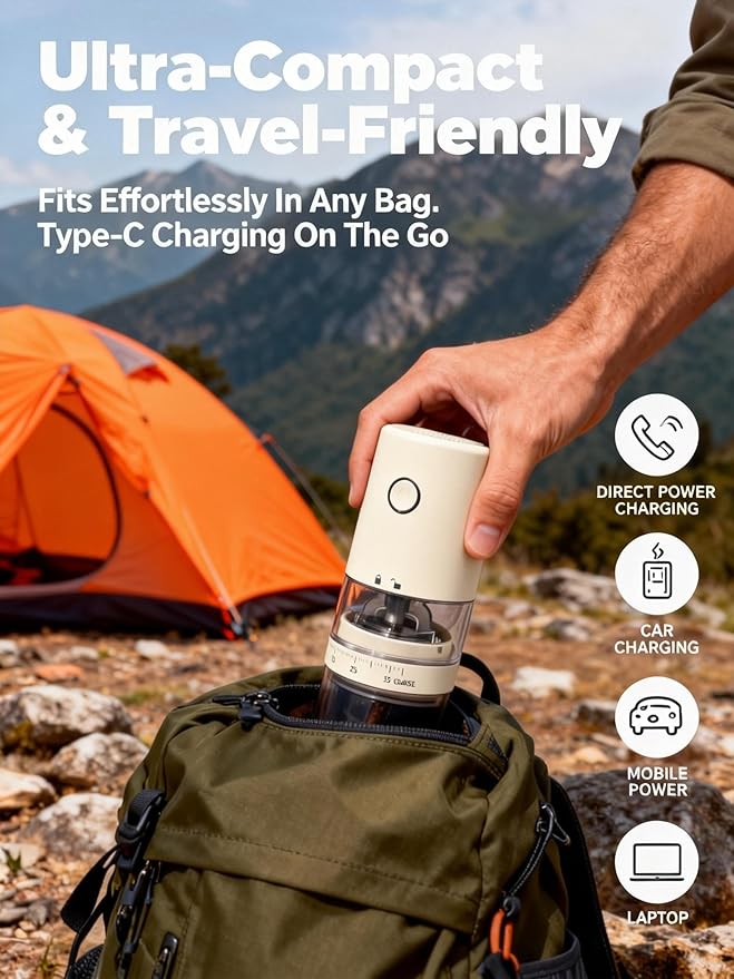 LAMIDO Portable Electric Burr Coffee Grinder - Grind While Charging - Visual Bean Hopper - 38 External Grind Settings - 1.8X Faster Grinding - 2000 mAh Battery for Travel, Camping - Light Beige