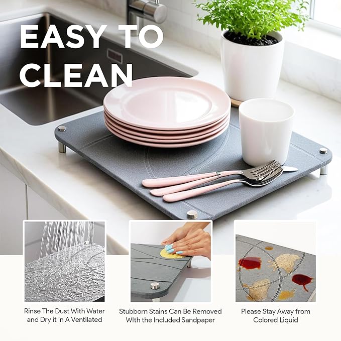 Large Stone Drying Mat for Kitchen Counter | 15.8” x 11.8” Dish Drying Mat Large | Diatomaceous Earth Collapsible Stone Dish Drying Mat | Collapsible Stone Mat for Kitchen Counter (Dark Gray)