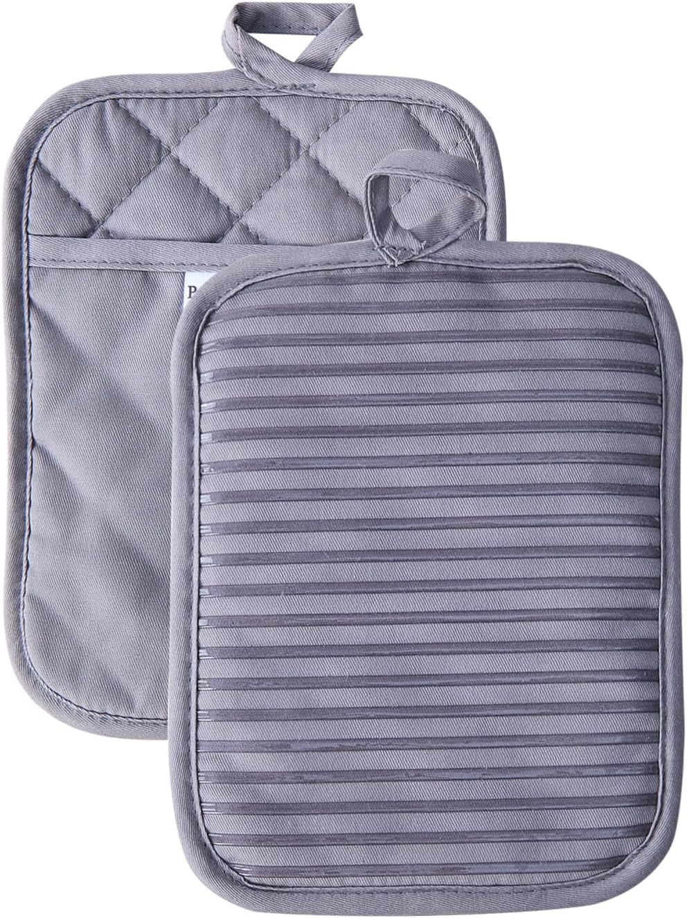 Kitchen Everyday Basic Pot Holder Heat Resistant Coaster Soft Silicone Water Resistant Pot Holder Set Oven Mitts with Pocket, 2 Piece Set, 7"x9" Grey