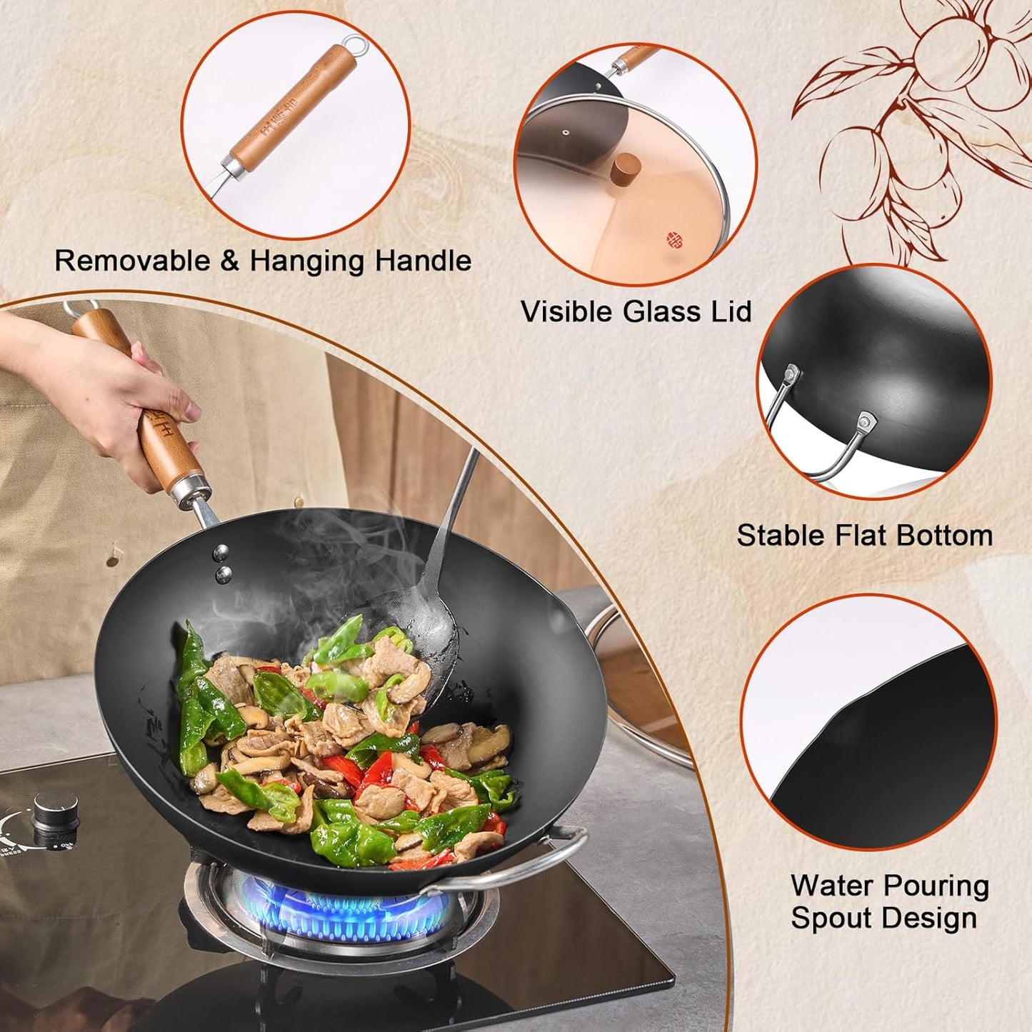 WANGYUANJI Carbon Steel Wok Pan, 13.4" Woks & Stir-Fry Pans with Glass Lid No Chemical Coated Flat Bottom Iron Wok for Induction, Electric, Gas, Halogen All Stoves