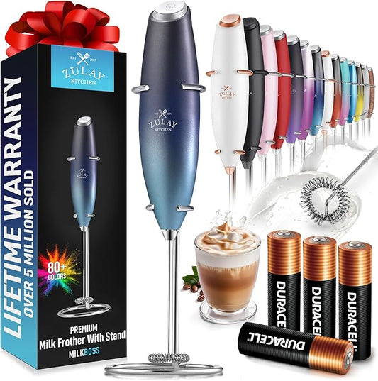 Zulay Kitchen Powerful Milk Frother Wand With 4 AA Duracell Batteries - Ultra Fast Handheld Drink Mixer - Electric Whisk Foam Maker for Coffee, Lattes, Cappuccino, Matcha & Creamer - Deep Sea