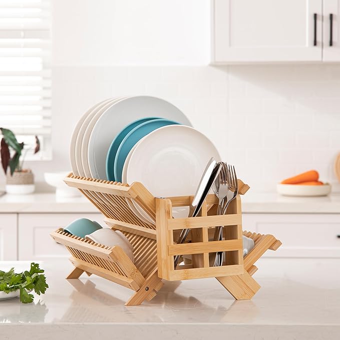 HBlife Bamboo Dish Drying Rack with Utensils Flatware Holder Set, 3-Tier Large Folding Drying Holder for Kitchen Counter, Collapsible Drainer