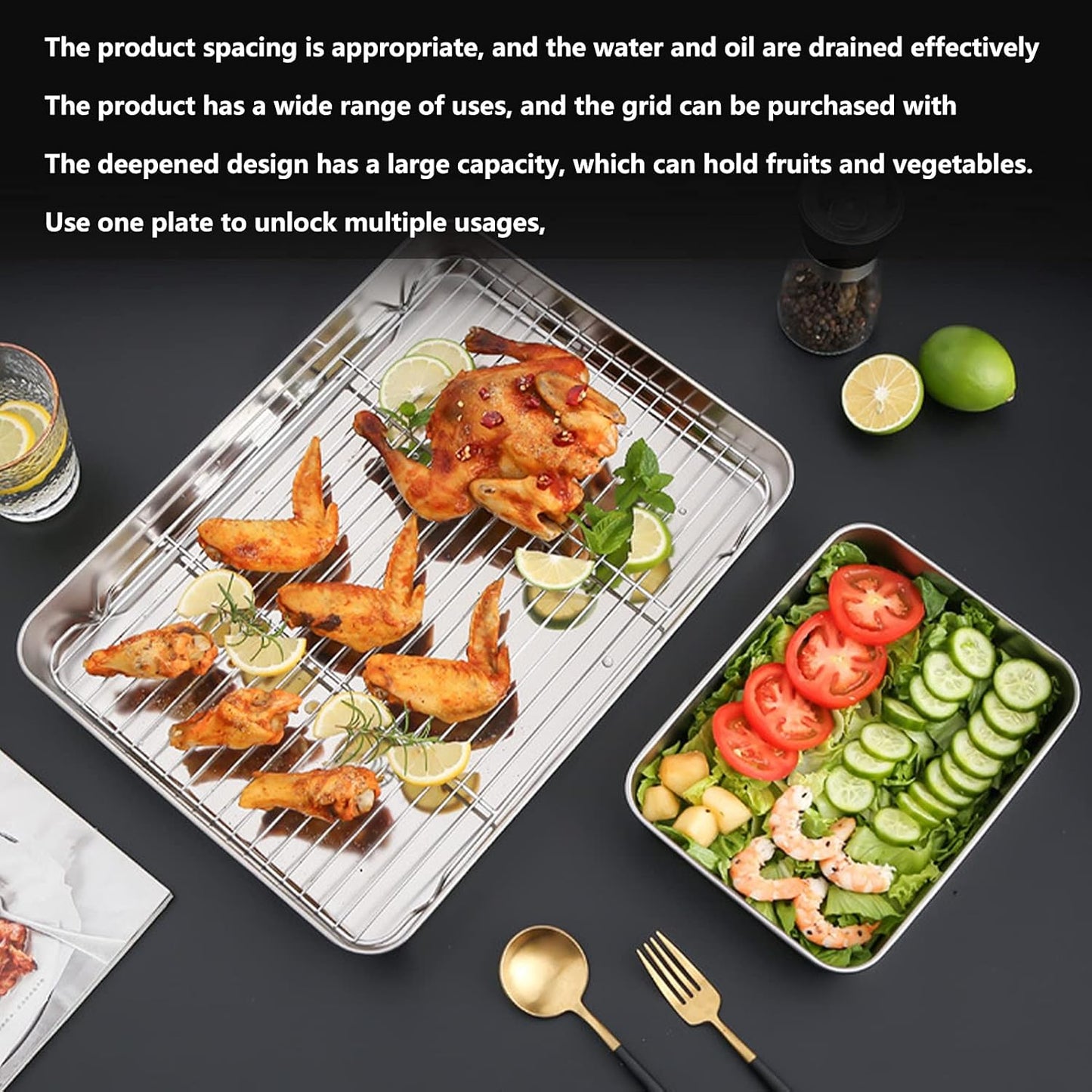 Stainless Steel Roasting Pan, Broiler Pan with Grill Rack Set, Rectangular Roaster Idea for Cooking and Baking (10.4×8.1×2inch)
