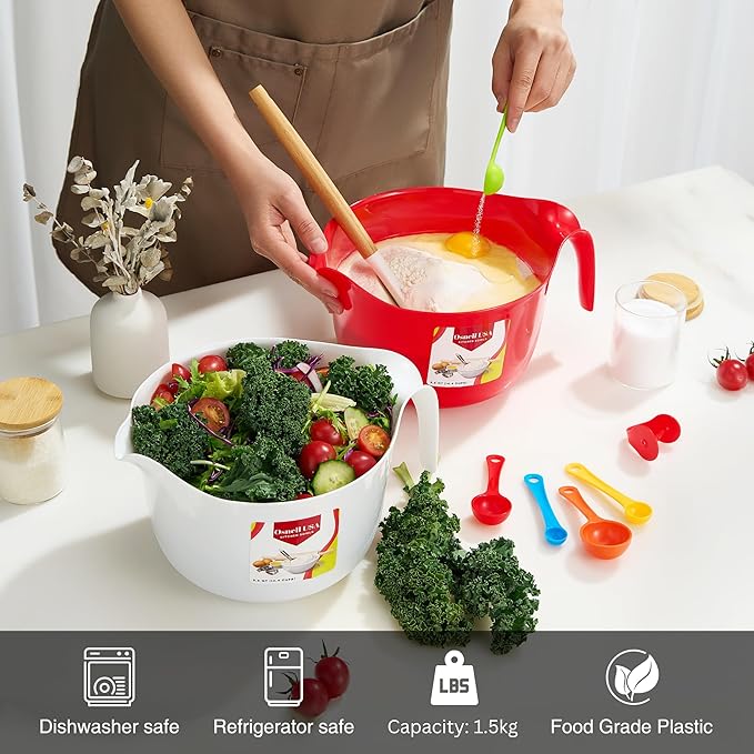 9 Pc Large Mixing Bowls with Handles, 3.6 qt - Plastic Nesting Bowls for Kitchen, Lightweight Batter Bowls, Easy to Clean (Includes: 4 Mixing Bowls + 5 Measuring Spoons Set)