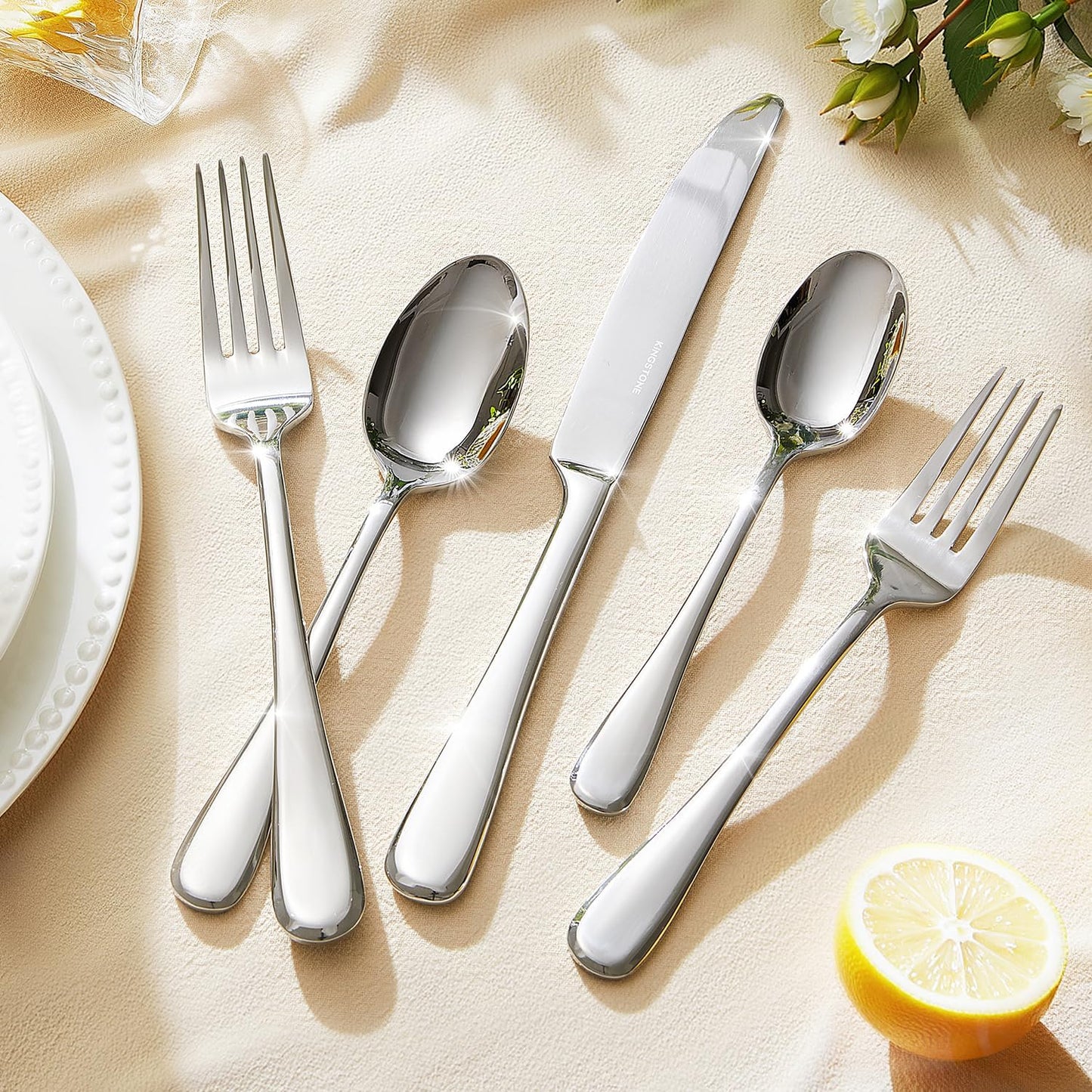 KINGSTONE 40 Pieces Silverware Set for 8, Premium Stainless Steel Flatware Set, Heavy Duty and Modern Design Cutlery Set, Mirror Polished, Dishwasher Safe
