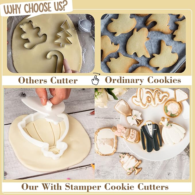 Flycalf Love Cookie Cutters Set of 11 with 3D Stamper PLA Kitchen Cake Wedding Dress Love Ring Shapes for Kids 3" Baking Embossing Stamps Mold Supplies Biscuit Tools