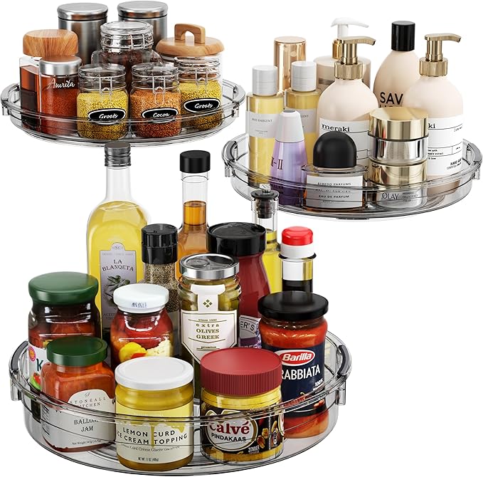 LAMU 3 Pack Lazy Susan Organizer Turntable for Cabinet, Condiment Organizer for Kitchen Pantry Organizers and Storage, Table Top, Fridge, Countertop, Spice Organization, 12'' 10.6'' 9.25'', Grey