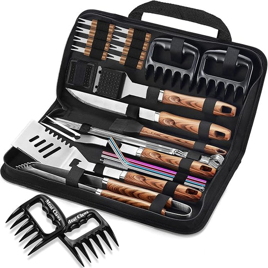 ROMANTICIST 27pcs Heavy Duty Grilling Gifts for Men Dad Christmas, Extra Thick BBQ Accessories Tools Set, Stainless Steel Grill Utensils Kit with Meat Claws, Carrying Bag for Outdoor Camping Brown