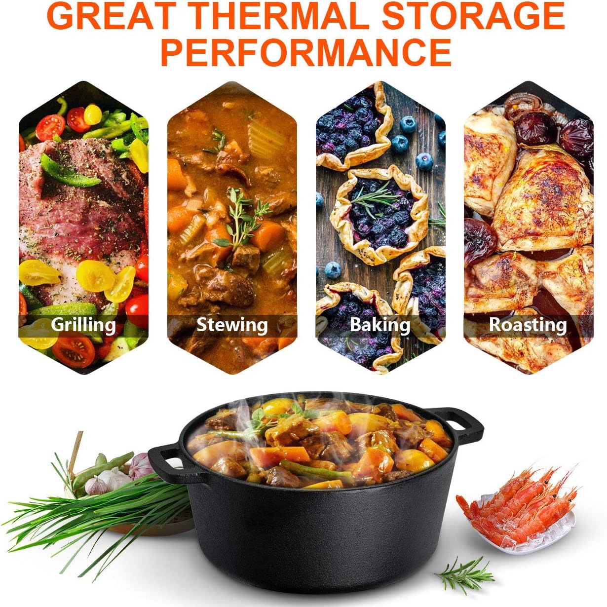 Overmont 2 in 1 Pre Seasoned Dutch Oven with Skillet Lid for Induction, Electric, Grill, Stovetop, BBQ, Camping (5 Quart)