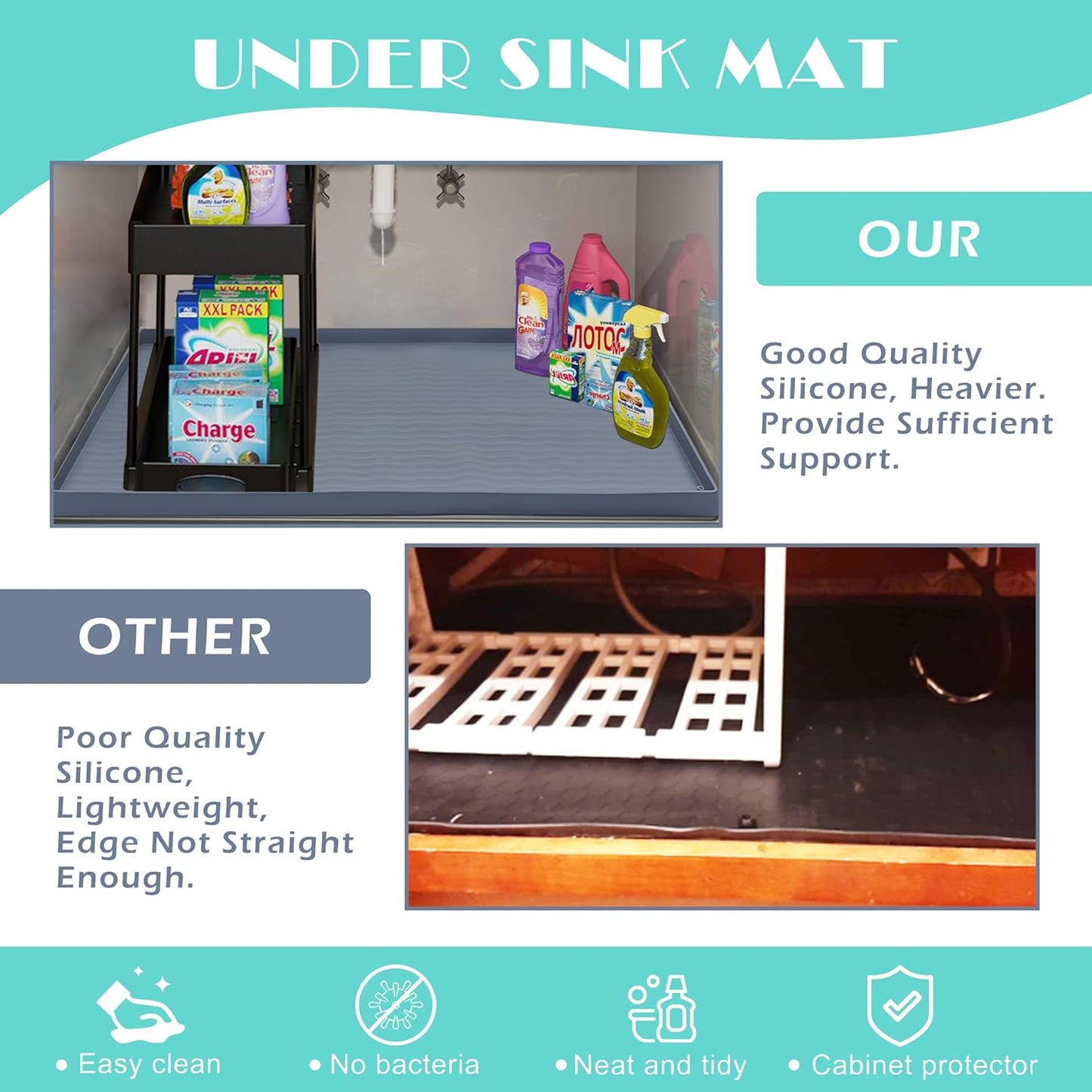 URMONA Waterproof Silicone Under Sink Mat 28'' x 22'' Shelf Liner for Kitchen and Bathroom, Cabinet and Counter Protector, Storage and Organizers, Litter Mat, Pet Cat Puppy Essentials(Cream)