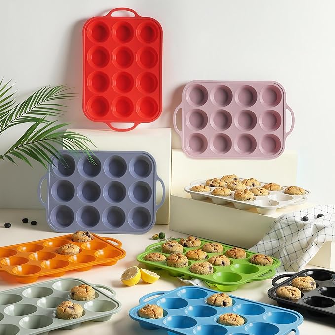 Socisen 12 Cups Silicone Muffin Pan with Metal Reinforced Frame Regular Size Cupcake Pan Tray Egg Bites Silicone Circle Cookie Molds Muffin Tin Tart Pans Baking Sheet Set for Oven Dishwasher Safe