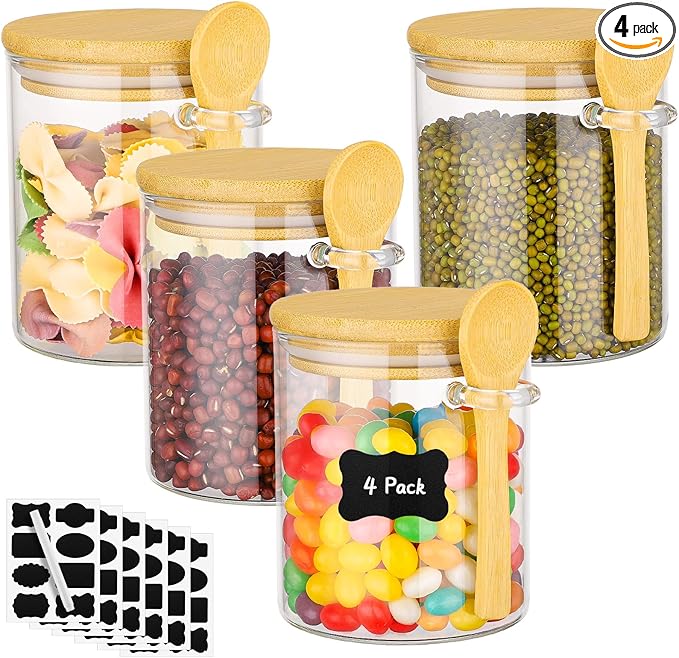Glass Jars with Bamboo Lids - 4 Pack 15 Fl.oz Round Glass Storage Jars with Airtight Lid and Spoon, Clear Stackable Food Container for Overnight Oats, Spice, Coffee, Sugar, Tea Canister