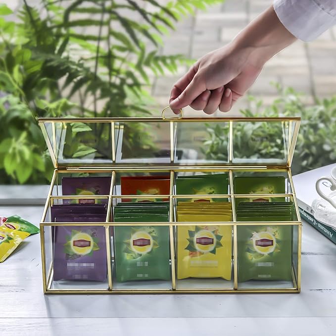 NCYP Glass Tea Bags Organizer with Lid, 8 Compartments Teabag Container, Indoor Counter Top Brass Display Case, 12" x 7.1" x 3.7" Teabag Storage Box, Gold Decor (Glass Box Only)