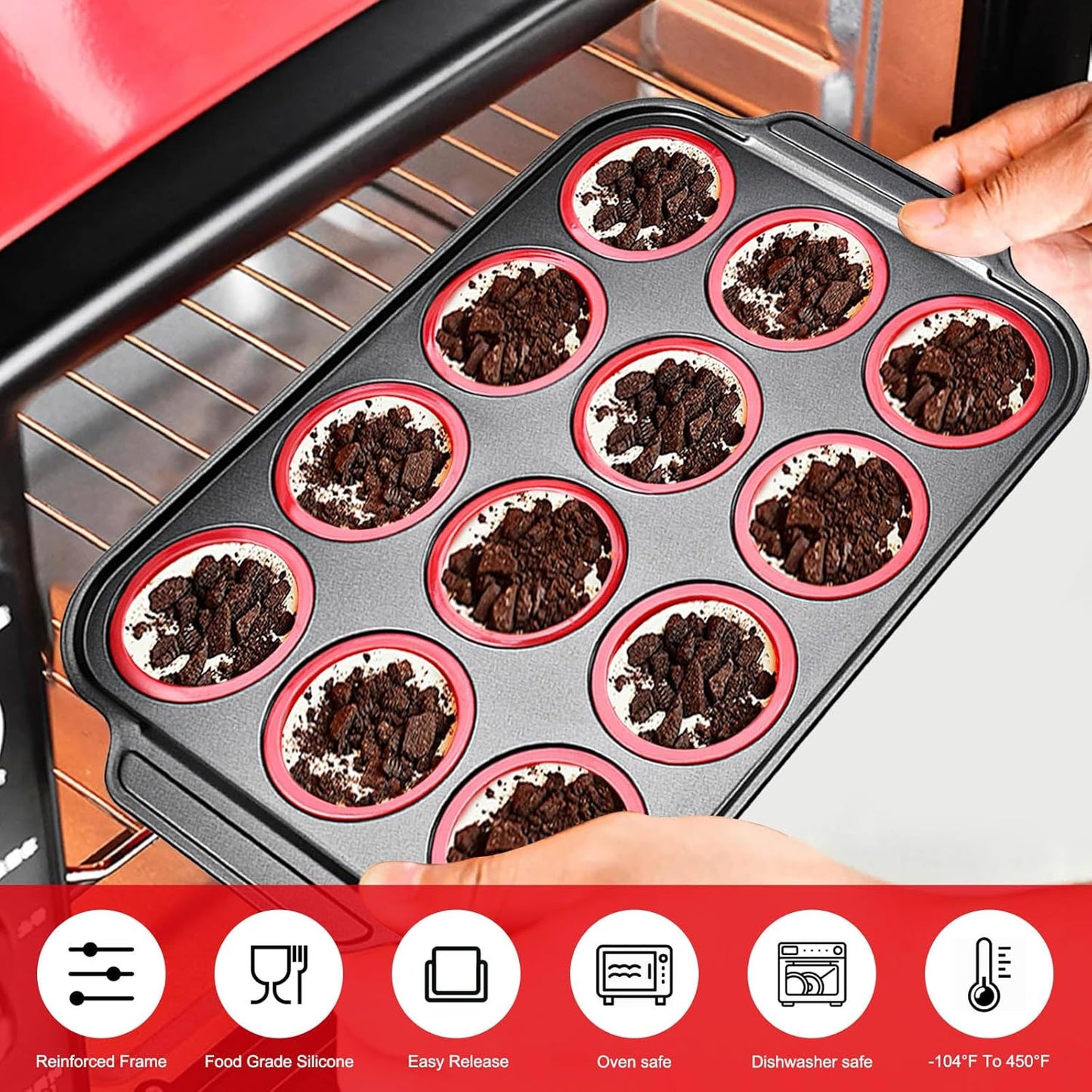 Silicone Muffin Pan with Metal Frame, Egg Bite Maker Silicone Molds for Baking, Cupcake Pans 12 Regular Size, Muffin Tins Easy to Pop Nonstick Bakeware for Oven (Red)