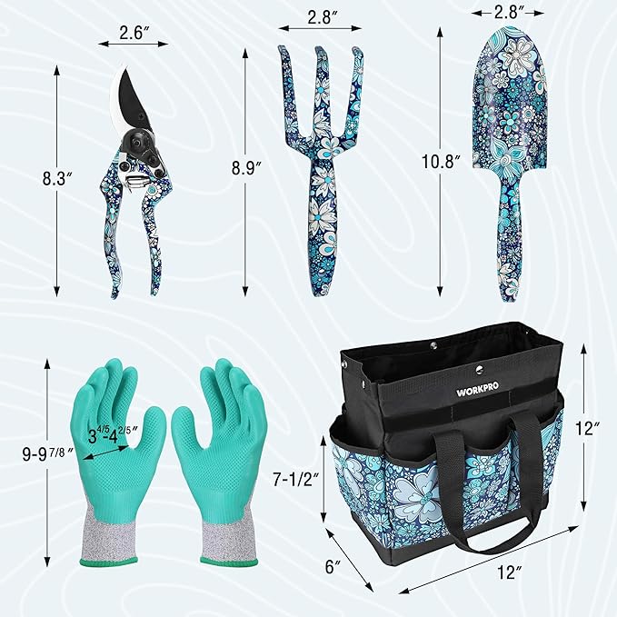 WORKPRO 5PCS Garden Tool Set, Aluminum Heavy Duty Gardening Tool Set with Garden Tool Bag, Outdoor Garden Hand Tools, Floral Blue