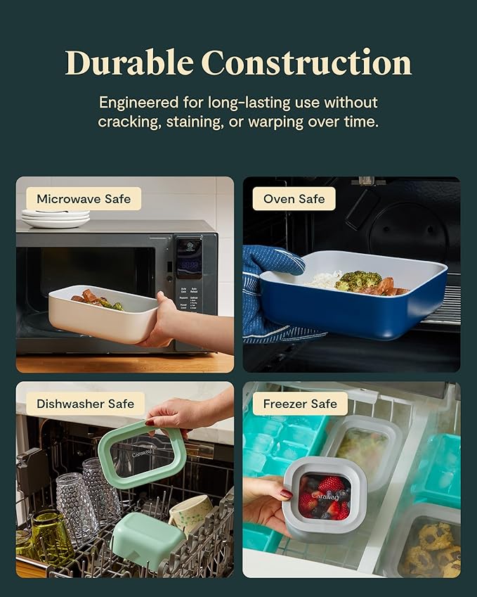 Caraway 3pc Glass Food Storage Set – 10 Cup, 6.6 Cup, & 4.4 Cup Food Containers - Ceramic Coated - Non Toxic Non Stick Lunch Box with Glass Lids - Dishwasher, Oven, & Microwave Safe - Sage