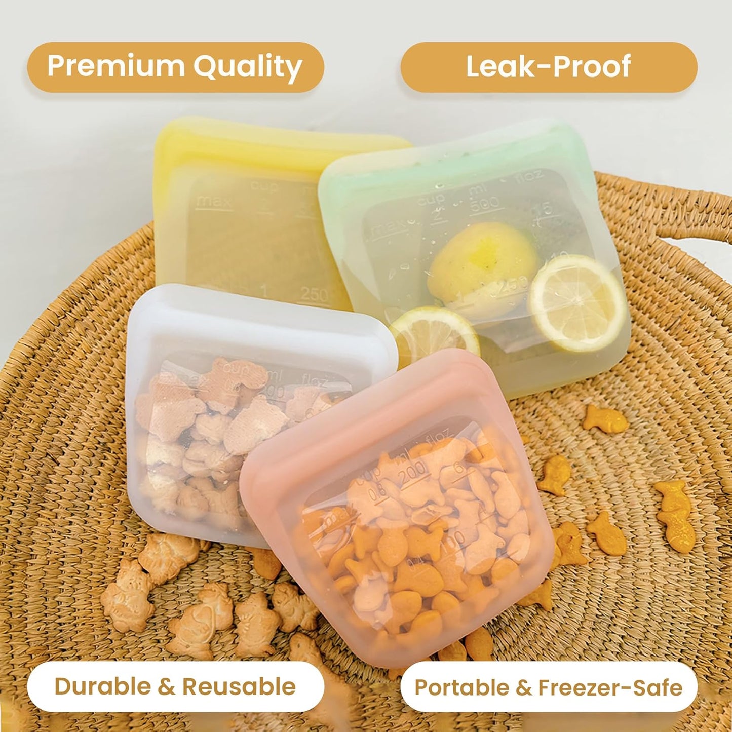 purifyou Set of 4 Reusable Silicone Storage Snack Bags 6oz / 16oz / 32oz / 64oz Self-Seal Food Storage Container for Fruits, Vegetables, Sandwiches, Dishwasher Safe & Leak-free (LimeCream)