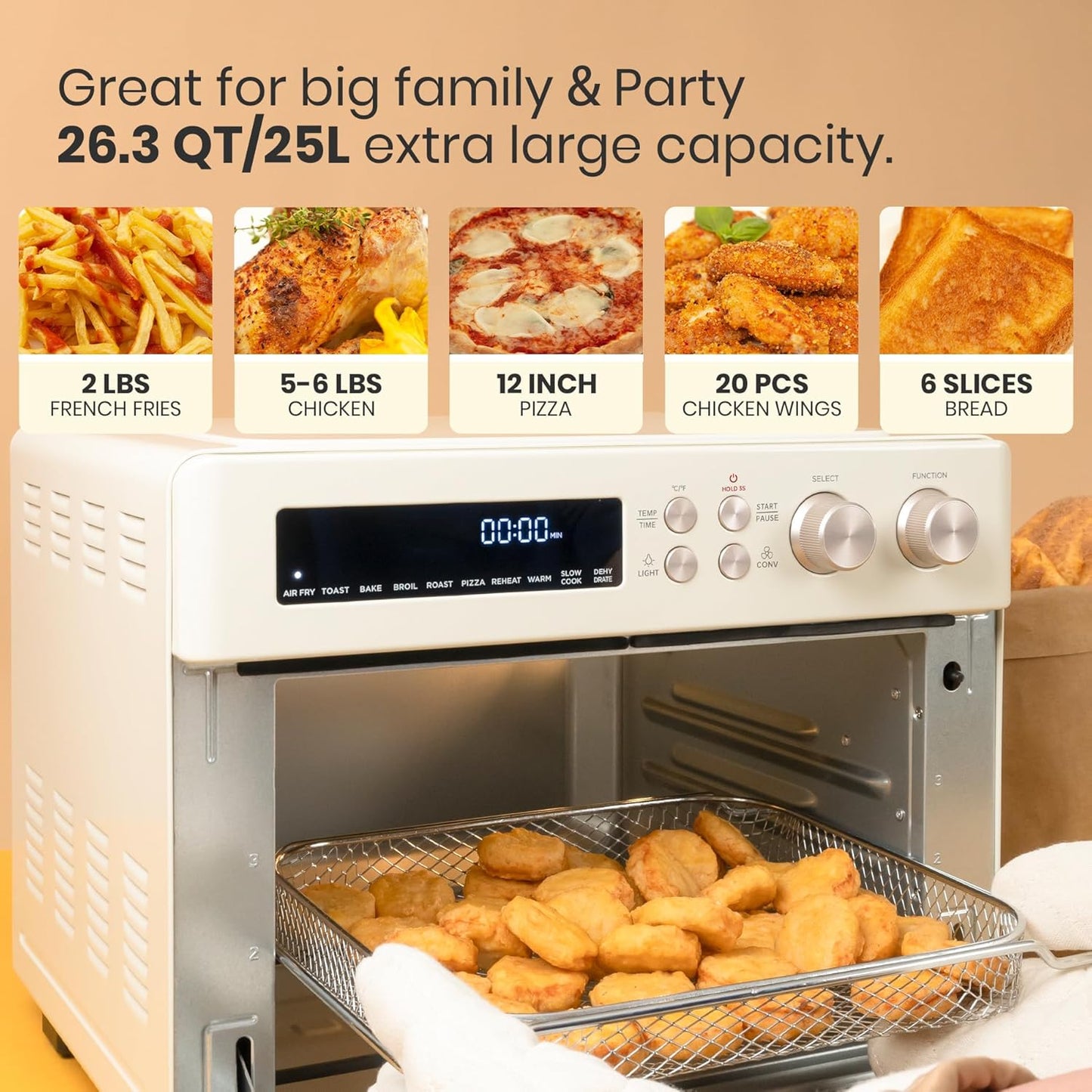 Retro Style Infrared Heating Air Fryer Toaster Oven, Extra Large Countertop Convection Oven 10-in-1 Combo, 6-Slice Toast, Enamel Baking Pan Easy Clean with Recipe Book, Almond Yellow Color
