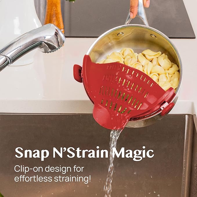 Kitchen Gizmo Snap N Strain Silicone Pot Strainer - Adjustable Clip-On Pasta Strainer for Pots, Pans, and Bowls - Large Red Kitchen Colander