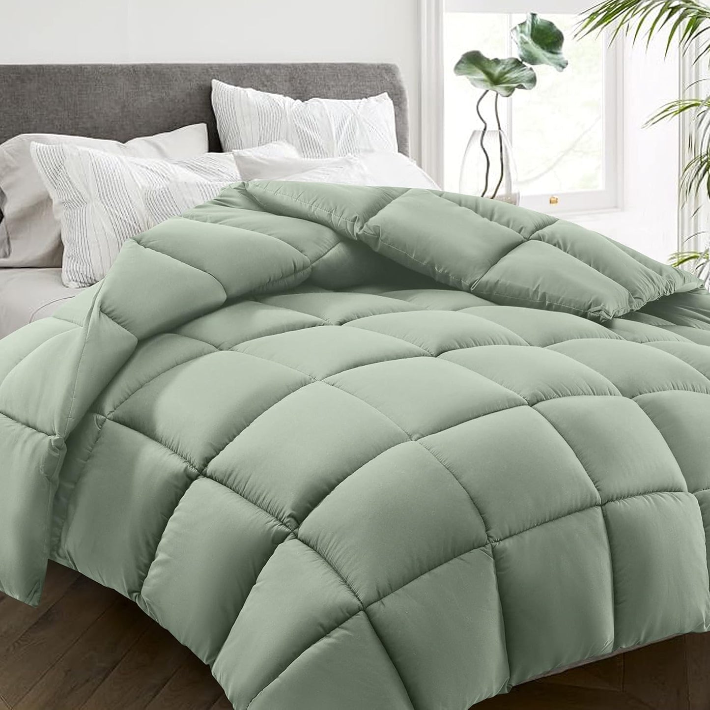 HYLEORY All Season Queen Size Bed Comforter - Cooling Down Alternative Quilted Duvet Insert with Corner Tabs - Winter Warm - Machine Washable - Sage Green