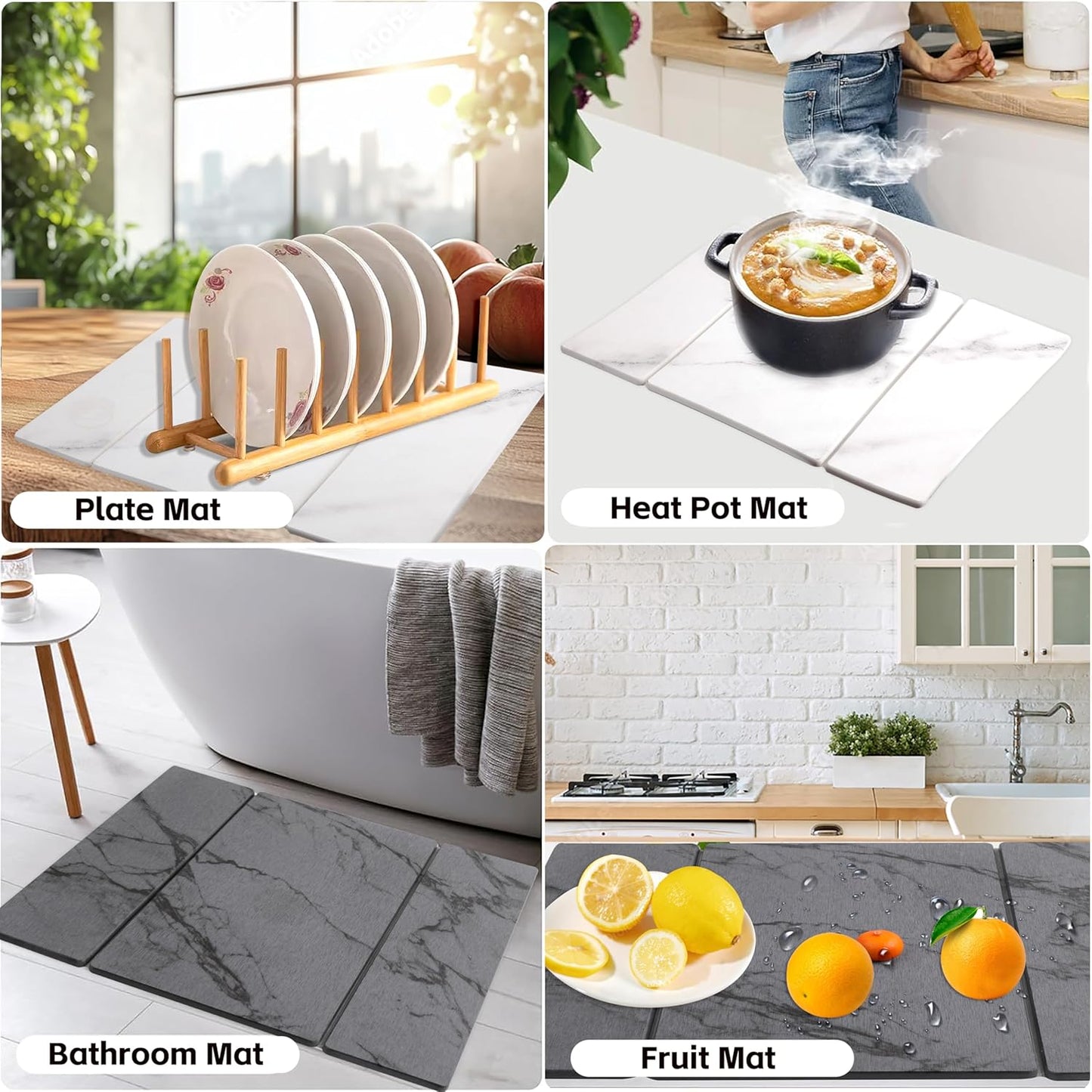 Quick Dry Collapsible Dish Drying Mat, Eco-Friendly Absorbent Diatomaceous Earth Mats for Dishes Bottles Cups 20"×16"Large Stone Dish Drying Mats for Kitchen Counter (White , 20"（L）×16"（W）)