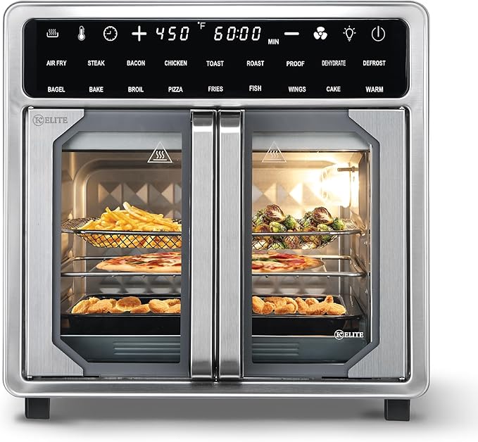 Kitchen Elite 16 Quart French Door Air Fryer Oven – Family Size Countertop Convection Cooker with LED Display, Stainless Steel