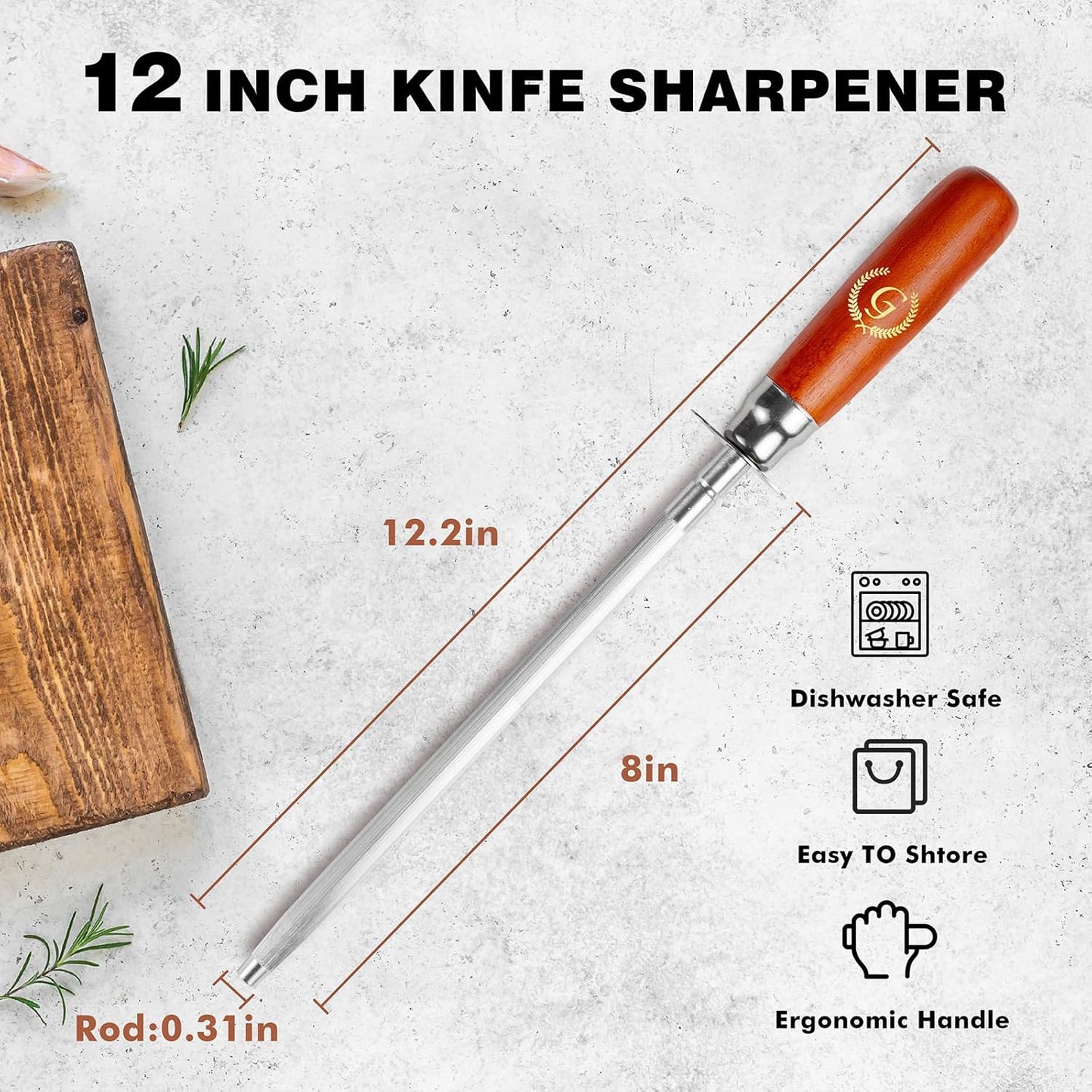 Knife Sharpener Rod, Kitchen Knives Sharpener Carbon Steel Professional Knife Sharpening Steel, Honing Rod with Hanging Holes (13 inches), G