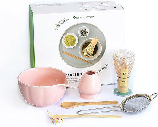 Matcha Whisk Set – 7 Pcs Japanese Tea Set with Matcha Bowl, Bamboo Whisk, Scoop, Holder, Sifter – Traditional Matcha Kit for Ceremony, Gift for Matcha Lovers