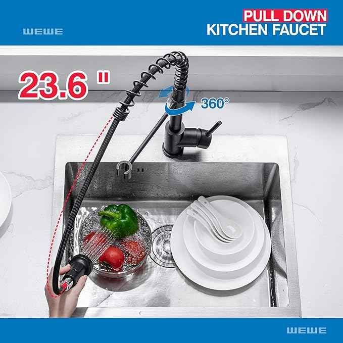 WEWE Faucet for Kitchen Sink, Kitchen Faucets Black Stainless Steel Commercial Spring Kitchen Faucet with Pull Down Sprayer, One Hole or 3 Hole Kitchen Faucet for RV Outdoor Farmhouse Camper Bar Sinks