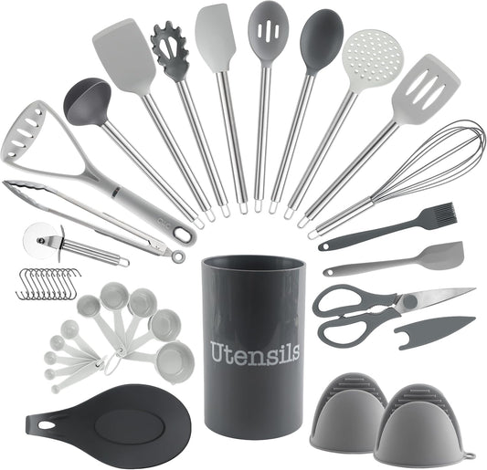 COOK WITH COLOR Silicone Cooking Utensils, Kitchen Utensil Set, Easy to Clean Silicone Kitchen Utensils, Cooking Utensils for Nonstick Cookware, Kitchen Gadgets Set, 38 Piece, Gray